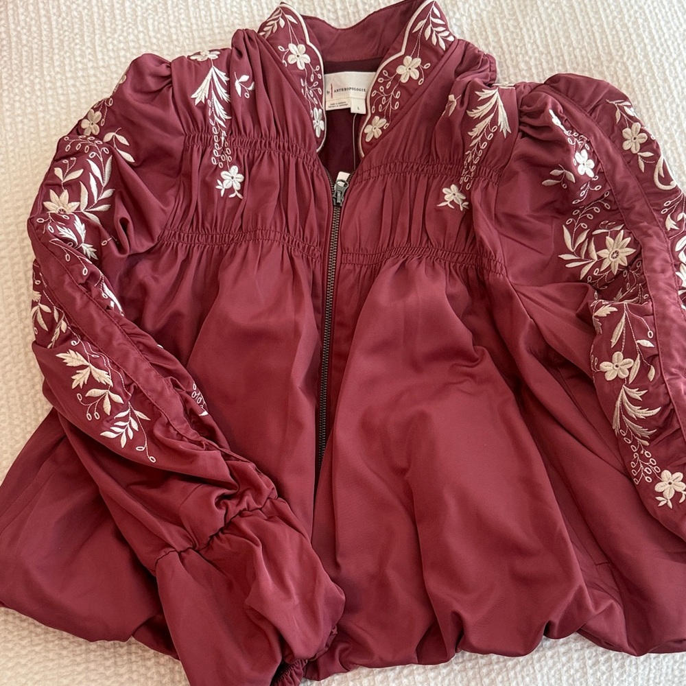 Anthropologie Maroon Floral Cropped Bomber Jacket